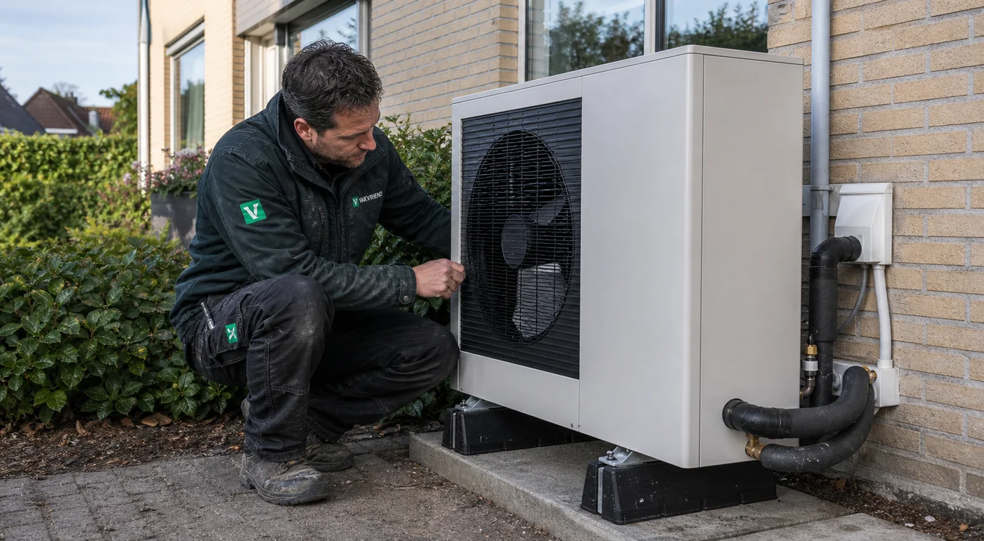 Vakvriend monteur bij warmtepomp buitenunit